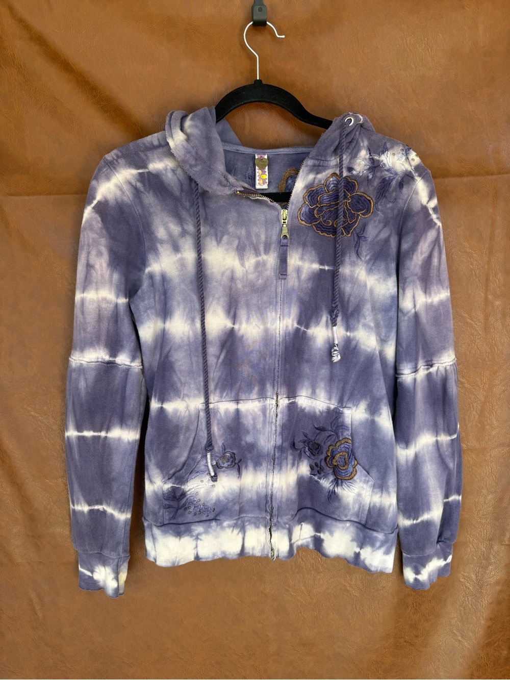 Free People M Purple Tie Dye Embroidered Floral Zip Hoodie Boho Y2K